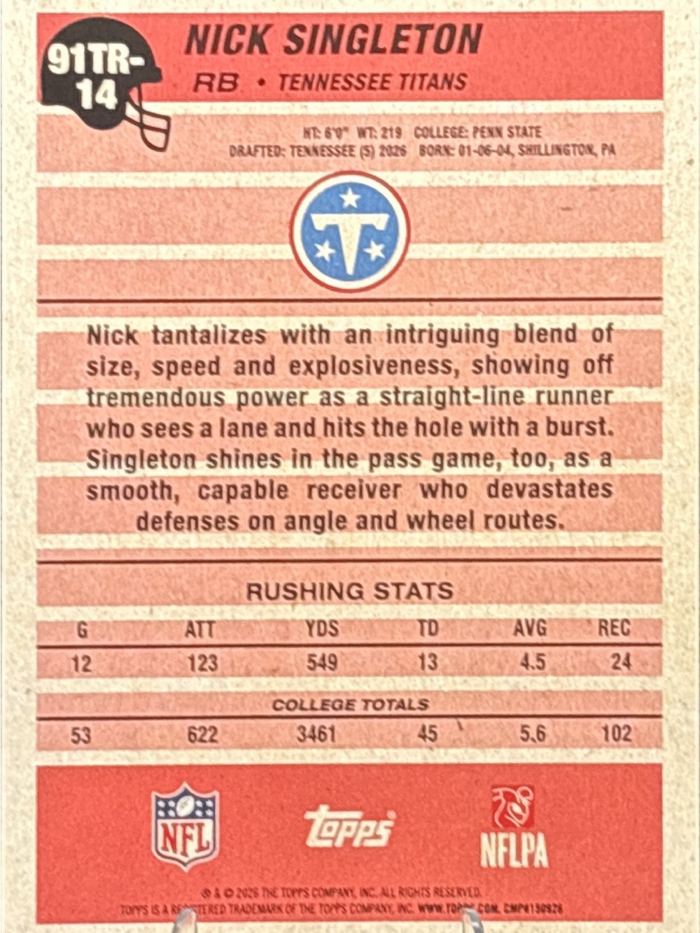 Topps Nick Singleton Rookie Titans Football Card - Picture 2 of 2